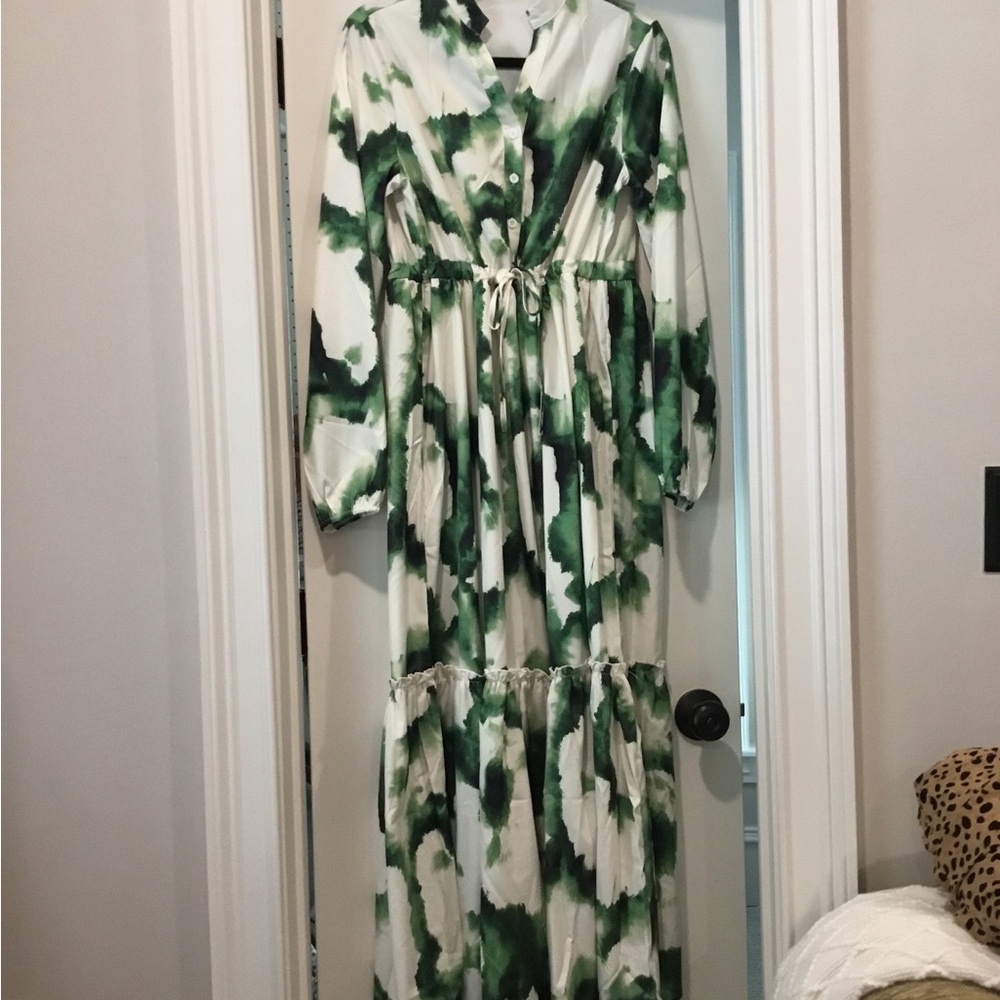 Green and White Button-Up Dress - Picture 2 of 7